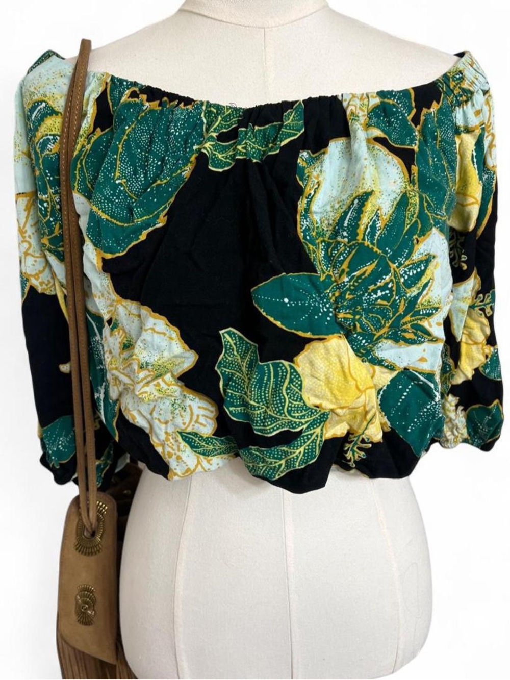 Free People off the shoulder tropical floral crop top green yellow black boho